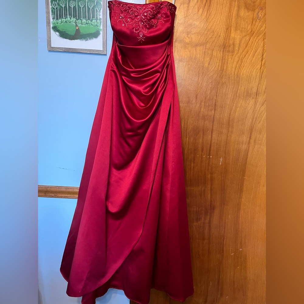 David's Bridal Red Strapless Satin Embroidered Maxi Dress